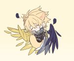  1boy ahoge animal_ears asymmetrical_wings black_bodysuit black_boots blonde_hair bodysuit boots cat_ears cat_tail chibi chibi_only clenched_hands closed_eyes commentary_request cracked_skin feathered_wings full_body gauntlets hair_between_eyes honkai:_star_rail honkai_(series) kemonomimi_mode korean_commentary male_focus mengpa open_mouth phainon_(honkai:_star_rail) phainon_(khaslana)_(honkai:_star_rail) short_hair simple_background single_gauntlet solo sun_symbol tail translation_request wings yellow_background 