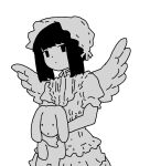 1girl angel_wings blunt_bangs closed_mouth cowboy_shot dot_mouth dress expressionless frills gosari_draw greyscale hat holding holding_stuffed_toy looking_at_viewer medium_hair monochrome no_nose original puffy_short_sleeves puffy_sleeves shirt short_hair short_sleeves sidelocks simple_background solo stuffed_animal stuffed_rabbit stuffed_toy white_background wings 