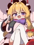  1girl :d blonde_hair breasts commentary crossed_legs dress hair_ribbon hat hat_ribbon highres holding holding_umbrella korean_commentary large_breasts long_hair long_sleeves looking_at_viewer magg_(user_mtca8588) mob_cap open_mouth purple_eyes purple_tabard red_shoes ribbon shoes sitting smile solo tabard thighhighs thighs touhou umbrella white_thighhighs wide_sleeves yakumo_yukari 