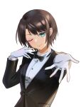  1girl ;) alternate_costume black_bow black_bowtie black_suit blue_eyes bow bowtie brown_hair butler collared_shirt commentary crossdressing crossdressing_(ftm) dress_shirt female_butler gloves highres hololive host jacket lapels offering_hand one_eye_closed oozora_subaru outstretched_hand reaching reaching_towards_viewer shimo_(fly20232) shirt short_hair sidelighting simple_background smile solo suit suit_jacket swept_bangs tomboy traditional_bowtie upper_body v-shaped_eyebrows virtual_youtuber white_background white_gloves white_shirt 
