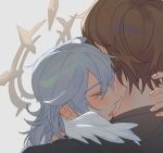  2boys black_hair blue_hair brown_hair ceniwen closed_eyes commentary english_commentary from_behind hair_between_eyes halo halo_behind_head hand_on_another's_neck head_wings highres honkai:_star_rail honkai_(series) imminent_bite male_focus medium_hair multiple_boys open_mouth portrait short_hair simple_background sunday_(honkai:_star_rail) u_u welt_yang white_background white_wings wings yaoi 