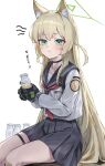  1girl absurdres animal_ear_fluff animal_ears bandaid bandaid_on_knee bandaid_on_leg belt black_choker black_gloves black_sailor_collar black_skirt blonde_hair blue_archive blush bottle choker commentary fox_ears fox_girl fox_platoon_(blue_archive) gloves green_eyes green_halo halo highres kurumi_(blue_archive) long_hair looking_at_viewer milk_bottle milk_mustache neckerchief red_neckerchief sailor_collar sakahana school_uniform serafuku shirt sidelocks simple_background sitting skirt solo thigh_belt thigh_strap triangle_halo very_long_hair white_background white_shirt 