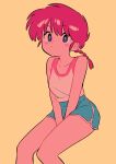  1girl blue_eyes blush_stickers braid braided_ponytail breasts closed_mouth hair_between_eyes highres invisible_chair menma_(enaic31) ranma-chan ranma_1/2 red_hair simple_background sitting solo yellow_background 
