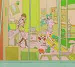  1boy 1girl ^_^ artist_name bed black_hair black_socks book bulletin_board bunk_bed cd_player closed_eyes commentary_request dated desk door from_outside full_body green_hair grey_shorts grin highres kneehighs long_hair long_sleeves lucky_cyan_(to_be_hero_x) luo_(to_be_hero_x) motor_vehicle open_mouth paper poster_(object) rug scooter shirt shoes short_hair short_sleeves shorts singing skateboard smile socks to_be_hero_x toy toy_car toy_piano toy_robot twitter_username two_side_up very_long_hair white_shirt white_shoes window yonayonagrow 