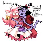  2girls :< alt_text arm_around_another's_waist arm_around_neck arthropod_girl bell black_hair blush breasts commentary cropped_torso cup deltarune donut embarrassed english_commentary english_text extra_arms extra_eyes eye_contact fangs flustered food hair_bell hair_ornament highres holding holding_saucer hug in-franchise_crossover long_hair looking_at_another mad_mew_mew miyomo muffet multiple_girls nose_blush pink_hair puffy_short_sleeves puffy_sleeves saucer short_sleeves simple_background skin_fangs speech_bubble spider_girl stirring teacup undertale utdr_(toby_fox) white_background wide-eyed yuri 