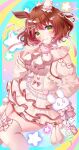  1girl animal_ears aston_machan_(everlasting_candy)_(umamusume) aston_machan_(umamusume) blush breasts brown_hair choker closed_mouth commentary_request dress ear_covers green_eyes hair_between_eyes hair_ornament heart heart_choker heart_ornament highres horse_ears horse_girl inairego116 large_breasts looking_at_viewer official_alternate_costume short_hair single_ear_cover smile solo star_(symbol) thighhighs umamusume white_thighhighs 
