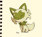  :3 ^_^ animal_focus artist_name cat closed_eyes closed_mouth commentary_request full_body happy highres no_humans pokemon pokemon_(creature) shogo_(shogo70449442) signature simple_background sitting smile solo sprigatito yellow_background 