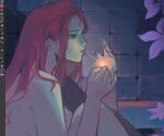  1girl alien_stage art_program_in_frame cigarette clematis_(flower) commentary flower knees_up lighting_cigarette long_hair mizi_(alien_stage) nude pink_hair purple_flower sitting unfinished yammithethird yellow_eyes zombie_stage 