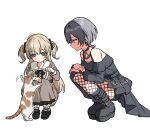  2girls absurdres bang_dream! bang_dream!_our_notes black_choker black_dress black_ribbon blonde_hair calico_(pattern) calico_cat cat chgul_v choker commentary dress hair_ribbon highres long_hair long_sleeves multiple_girls o-ring o-ring_choker off-shoulder_dress off_shoulder open_mouth purple_eyes ribbon shinomiya_shizuku simple_background two_side_up untranslatable_commentary white_background yakura_yomogi 