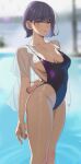  1girl absurdres backlighting black_hair black_one-piece_swimsuit blurry blurry_background breasts casual_one-piece_swimsuit cloudy_rain4 cowboy_shot dress_shirt hair_ornament hairclip highleg highleg_swimsuit highres large_breasts looking_at_viewer mole mole_under_mouth one-piece_swimsuit open_clothes open_shirt original purple_eyes ripples see-through see-through_shirt shirt short_hair solo standing swimsuit water 