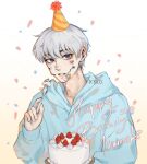  1boy absurdres bangs birthday birthday_cake blue_hoodie cake character_name chromatic_aberration commentary facial_tattoo food fork fruit grey_hair happy_birthday hat highres holding holding_food holding_fork hood hood_down hoodie inumaki_toge jujutsu_kaisen kyllooelo long_sleeves looking_at_viewer male_focus orange_headwear parted_lips party_hat purple_eyes short_hair simple_background solo sticker_on_face strawberry symbol-only_commentary tattoo upper_body white_background 