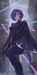  1girl absurdres arms_behind_back black_cloak black_shorts blue_boots boots cloak closed_mouth commentary crescent crescent_earrings earrings feet_out_of_frame hair_over_one_eye highres jewelry long_hair looking_at_viewer odd_(hin_yari) one_eye_covered outdoors promeia_(zenless_zone_zero) purple_eyes rain shorts solo thigh_boots very_long_hair water_drop wet wet_clothes zenless_zone_zero 