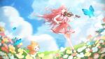  1girl ahoge animal argyle_clothes argyle_dress artist_request bare_legs bloom_poetry_(shining_nikki) blue_butterfly blue_sky bow bow_(music) bow_legwear bowtie brown_eyes bug butterfly cat cloak clothed_animal clothes_writing cloud collared_shirt commentary_request cross-laced_clothes cross-laced_dress daisy_(flower) day dress dress_ribbon ear_covers eyelashes field floral_print flower flower_field forest frilled_shirt_collar frills full_body happy high_collar highres hill holding holding_bow_(music) holding_instrument holding_violin hood hood_up hooded_cloak instrument knees light_particles long_hair long_sleeves looking_at_viewer momo_(nikki) nature nikki_(nikki) nikki_(series) official_art open_mouth outdoors pinafore_dress pink_dress pink_hair playing_instrument pleated_dress print_dress red_bow red_bowtie red_flower red_ribbon ribbon second-party_source shining_nikki shirt shoes short_dress sky sleeveless sleeveless_dress sleeves_past_wrists smile snowflake_necklace socks standing teeth upper_teeth_only very_long_hair violin wavy_hair whiskers white_cat white_flower white_shirt white_shoes white_socks yellow_cloak yellow_flower 