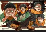  1boy black_hair black_pants blood blood_on_face blood_splatter boots commentary hands_on_own_face highres jacket looking_at_viewer male_focus multiple_views mxao0617 natsuki_subaru open_mouth orange_scarf pants re:zero_kara_hajimeru_isekai_seikatsu scarf short_hair sitting teeth track_jacket 