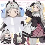  &gt;:( 1girl animal animal_on_head arknights bird black_gloves black_jacket capelet chick closed_mouth commentary gloves grey_eyes grey_hair highres holding holding_animal irene_(arknights) jacket light_frown long_sleeves multiple_views nochatea on_head pantyhose puffy_long_sleeves puffy_sleeves short_eyebrows skirt symbol-only_commentary thick_eyebrows translation_request v-shaped_eyebrows white_capelet white_pantyhose white_skirt 