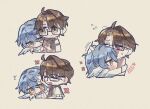  2boys :d ;d =_= ahoge blue_hair blue_pupils blush brown_eyes brown_hair chibi chibi_only closed_eyes closed_mouth coat commentary cropped_torso english_commentary flower flying_sweatdrops glasses grey_scarf hair_intakes hand_on_another's_head head_wings headpat hiding hiding_behind_another highres honkai:_star_rail honkai_(series) hug long_sleeves looking_at_another male_focus multiple_boys one_eye_closed open_mouth paipaimonmon paper_texture scarf semi-rimless_eyewear short_hair simple_background single_hair_intake smile sunday_(honkai:_star_rail) sweat under-rim_eyewear upper_body welt_yang white_coat white_scarf wings yaoi yellow_eyes 