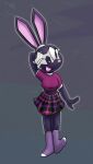  2023 anthro blep bottomwear breasts bwrd clothed clothing crop_top eyewear female footwear full-length_portrait glasses hand_behind_head hi_res lagomorph leporid looking_aside mammal one_eye_closed portrait rabbit revtilian shirt skirt socks solo sr standing tongue tongue_out topwear vib-ribbon vibri wink 