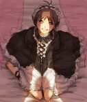  1girl antenna_hair arms_between_legs barefoot black_dress black_hair commentary_request crack_of_light dress grin idolmaster idolmaster_(classic) idolmaster_1 indoors juliet_sleeves kikuchi_makoto long_sleeves looking_at_viewer maid_headdress mihen puffy_sleeves purple_eyes shadow short_hair sitting smile solo 