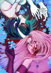  2girls absurdres alien_stage artist_collaboration black_gloves black_hair blood blood_on_face blood_splatter blue_flower blue_hair commentary cyamoliee english_commentary flower gloves gradient_hair highres long_hair mizi_(alien_stage) multicolored_hair multiple_girls pink_hair rotational_symmetry short_hair sua_(alien_stage) two-tone_hair white_gloves willnixty 