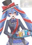  1girl absurdres baruka=gacha black_gloves blue_hair blue_skirt boris_johnson commentary_request cup gloves hair_ribbon hat highres kokkimusume long_hair looking_at_viewer monocle mug open_mouth red_eyes red_ribbon ribbon sharp_teeth skirt smile tea teeth top_hat twintails union_jack united_kingdom_(ppfjvdjudk54073) white_background 