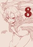  1girl :d bat_(animal) blush breasts cape commentary_request fang fangs head_wings highres kawahara0527 long_hair looking_at_viewer mon-musu_quest! monochrome navel open_mouth outstretched_arms panties side-tie_panties simple_background small_breasts smile solo twintails underwear vanilla_(mon-musu_quest!) wings 