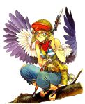  1girl arm_tattoo aviator_cap bag bandana bandana_around_neck bare_arms belt black_nails black_wings blue_pants blue_shirt bracelet branch breasts brown_hair claws closed_mouth commentary_request crop_top denim feathered_wings glasses green_bag green_belt green_eyes green_hat harpy hat holding holding_polearm holding_weapon jeans jewelry looking_at_viewer medium_breasts midriff mini_eyewear monster_girl nail_polish on_branch original pants polearm red_bandana round_eyewear shimizu_kiyoshi shirt short_hair shoulder_bag simple_background sleeveless sleeveless_shirt solo spear squatting striped_clothes striped_shirt tattoo toenail_polish toenails torn_clothes torn_pants two-tone_wings weapon white_background white_wings wings 