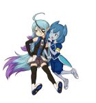  2girls ahoge alien ankle_boots black_gloves black_shorts black_thighhighs blue_bodysuit blue_eyes blue_eyeshadow blue_hair blue_lips blue_skin bodysuit boots colored_skin colored_tips commentary_request elbow_gloves eyeshadow gloves hand_on_own_hip highres hilary_flail inazuma_eleven_(series) inazuma_eleven_go inazuma_eleven_go_galaxy invisible_chair locked_arms long_hair looking_at_another looking_to_the_side makeup multicolored_hair multiple_girls pleated_shorts pleated_skirt pointy_ears powai_pichori purple_eyes purple_hair sazanaara_eleven shorts sitting skirt thighhighs u4_99384295 very_long_hair white_background white_boots white_skirt yuri 