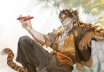  1boy alcohol arknights bird chinese_commentary fang furry furry_male headband highres huai_tianpei_(arknights) linke long_hair male_focus sitting smile tiger_boy tree white_background yellow_eyes yellow_headband 