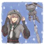  1boy :d arm_warmers artist_name black_arm_warmers black_sash border commentary double-parted_bangs drone eiyuu_densetsu fio_(eiyuu_densetsu) floating grey_hoodie hair_between_eyes highres holding holding_umbrella hood hood_up hoodie kuro_no_kiseki_(series) kuro_no_kiseki_i long_sidelocks long_sleeves male_focus mechanical_ears necktie non-humanoid_robot open_mouth purple_eyes quatre_salision robot roshiroshiroppy sash sidelocks simple_background smile tie_clip twitter_username umbrella untranslatable_commentary upper_body waist_sash watermark white_border white_necktie 