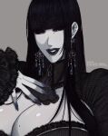  1girl black_hair black_lips blyssade breasts hime_cut long_hair mature_female original portrait seductive_smile smile smug solo_focus thick_eyelashes 