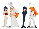  2girls absurdres arms_at_sides artist_name black_bow black_hair black_suit bouquet bow commentary dated dress english_commentary english_text flower freckles full_body green_eyes highres holding holding_bouquet ishmael_(project_moon) limbus_company long_hair looking_at_another meme multiple_girls orange_hair project_moon red_eyes red_flower ryoshu_(project_moon) short_hair simple_background smile someone_here_needs_to_be_butch_(meme) suit tuxedo vanlulu veil wedding_dress white_background white_dress white_flower white_suit wife_and_wife yuri 