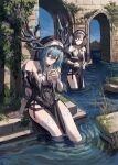  2girls absurdres bag barefoot blue_hair book braid brown_eyes brown_hair closed_eyes closed_mouth commentary cross cross_necklace detached_sleeves dragon_horns duet_night_abyss fingerless_gloves foliage gloves gold_can headdress highres holding horns jewelry lady_nifle_(duet_night_abyss) looking_at_viewer lynn_(duet_night_abyss) medium_hair mountain multiple_girls necklace nun pillar reeds ruins sitting sky smile tattoo thigh_strap veil wading water wet wet_clothes 