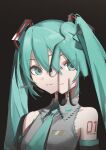  1girl aqua_eyes aqua_hair aqua_necktie bare_shoulders black_background chameleon_(meccha_chameleon) closed_mouth detached_sleeves grey_shirt hair_between_eyes hatsune_miku headset highres kasane_teto kieed long_hair looking_at_viewer meccha_chameleon necktie number_tattoo revision shirt sidelocks simple_background sleeveless sleeveless_shirt smile solo tattoo twintails upper_body utau vocaloid when_you_see_it 