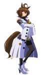  1990s_(style) 1girl agnes_tachyon_(tach-nology)_(umamusume) agnes_tachyon_(umamusume) ahoge animal_ears bandolier belt black_necktie black_pantyhose black_shirt brown_hair chemical_structure closed_mouth coat crossed_arms dot_mouth dot_nose earrings full_body hair_between_eyes hair_intakes heel_up highres horse_ears horse_girl horse_tail jewelry lab_coat looking_at_viewer medium_hair necktie pantyhose red_eyes retro_artstyle shirt shoes simple_background sin_emu single_earring sleeves_past_fingers sleeves_past_wrists solo sweater_vest tail test_tube umamusume white_background white_coat white_shoes yellow_sweater_vest 