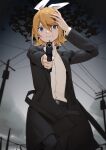  1girl aiming_at_viewer belt black_jacket black_pants blonde_hair blood blood_on_face blue_eyes blurry blurry_background bow empty_eyes from_below frown grey_sky gun hair_bow hand_on_own_head hand_up highres holding holding_gun holding_weapon jacket kagamine_rin looking_at_viewer outdoors pants power_lines shirt short_hair solo tree utility_pole vocaloid weapon white_bow white_shirt wide-eyed wounds404 