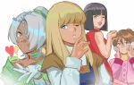  4boys absurdres black_hair blonde_hair blue_eyes brown_hair commentary_request crossdressing crossdressing_(mtf) daba_myroad dark_skin dress gainer_sanga glasses green_eyes gundam gundam_zz highres judau_ashta juusenki_l-gaim long_sleeves looking_at_viewer loran_cehack multiple_boys nekkikamille one_eye_closed overman_king_gainer sleeveless turn_a_gundam white_hair 