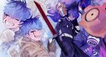  1boy black_jacket blue_hair brown_coat brown_gloves closed_mouth coat collared_jacket commentary conch cup earrings face_piercing gloves haori highres holding holding_cup jacket japanese_clothes jewelry knife last_defense_academy_school_uniform makeup male_focus multiple_views omokage_yugamu open_mouth piercing pink_pink_die school_invader_(hundred_line) school_uniform seashell sharp_teeth shell smile starfish teeth the_hundred_line_-last_defense_academy- untranslatable_commentary 