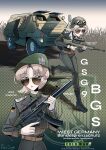 1girl absurdres armored_personnel_carrier armored_vehicle belt beret blunt_bangs boots bullpup bundesgrenzschutz cold_war combat_boots commentary english_commentary english_text german_text goggles goggles_on_headwear grass green_eyes grey_hair gun h&amp;k_mp5sd hat helmet highres holding holding_gun holding_weapon lipstick looking_over_eyewear makeup military_uniform motor_vehicle nico_jiang original outdoors pink_lips police rheinmetall_rh-70 rifle running scope signature silke_wegener submachine_gun sunglasses suppressor tinted_eyewear trigger_discipline ur-416 we_love_cold_war weapon west_germany 