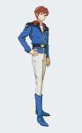  1boy amuro_ray blue_boots blue_jacket boots brown_hair char's_counterattack compass_uniform earth_federation earth_federation_space_forces grey_background gundam highres jacket kasumi_(skchkko) male_focus messy_hair military_rank_insignia military_uniform science_fiction simple_background solo thigh_boots 