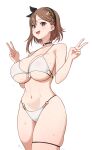  1girl :d ajidot atelier_(series) atelier_ryza bare_shoulders bikini black_choker black_hairband blush braid breasts brown_eyes brown_hair choker cleavage collarbone commentary_request cowboy_shot double_v fang front-tie_bikini_top front-tie_top hair_ribbon hairband highres large_breasts looking_at_viewer navel o-ring o-ring_bikini o-ring_choker open_mouth reisalin_stout ribbon short_hair simple_background skindentation smile solo sweat swimsuit thigh_strap v w_arms white_background white_bikini 