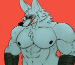  anthro blood bodily_fluids canid canine canis death_(puss_in_boots) fur grey_body grey_fur hand_wraps hi_res licking licking_lips lofihill looking_at_viewer male mammal muscular muscular_male pecs red_eyes simple_background solo sweat tongue tongue_out wolf wraps 