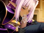  1boy 1girl :>= andou_tomoya armor black_gloves blush breasts censored cleavage cum cum_in_mouth dark-skinned_female dark-skinned_male dark_elf dark_skin elf fellatio game_asset gloves gold_trim hair_between_eyes hair_intakes hair_ribbon half-closed_eyes hetero himekishi_olivia indoors interracial large_breasts long_hair long_pointy_ears lying mosaic_censoring non-web_source official_art oral pauldrons penis pink_hair pointy_ears ponytail red_eyes ribbon self-datamine shoulder_armor solo_focus teresa_keltula variant_set visual_novel_cg 