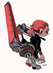  1boy artist_name black_eyes black_jacket black_leggings clenched_hand closed_mouth commentary_request dynamo_roller_(splatoon) earphones from_side full_body heel_up highres holding holding_weapon inkling inkling_boy jacket leggings long_sleeves looking_at_viewer male_focus over_shoulder ponytail red_hair shoes shogo_(shogo70449442) short_hair signature solo splatoon_(series) standing tentacle_hair tentacles weapon weapon_over_shoulder white_footwear 