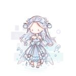  1girl bare_shoulders black_eyes blue_bow blue_choker blue_dress blue_shoes blue_sleeves blush_stickers bow bow_choker bubble chibi chinese_commentary chinese_hairpin choker coattails commentary_request cone_hair_bun deep_in_the_clouds_(shining_nikki) detached_sleeves double_bun dress forehead frilled_anklet frilled_choker frilled_sleeves frills grey_hair hair_bun hair_ornament hair_stick interruption_(echo-023) long_hair long_sleeves nikki_(series) no_mouth puffy_long_sleeves puffy_sleeves ripples see-through_clothes see-through_sleeves shining_nikki shoes solid_oval_eyes solo standing standing_on_liquid strapless strapless_dress striped_clothes striped_dress tailcoat vertical-striped_clothes vertical-striped_dress very_long_hair waist_bow water_drop white_background 