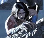  1girl absolute_dc absolute_wonder_woman amazon_warrior arm_wrap black_hair black_lips blue_eyes commentary dc_comics english_commentary long_hair mattia_de_iulis muscular muscular_female rain red_tattoo tattoo tattoo_sleeve wonder_woman wonder_woman_(absolute_dc) wonder_woman_(series) 