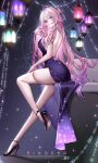  1girl adjusting_hair alternate_costume artist_name back backless_dress backless_outfit bare_back bare_legs bare_shoulders blue_eyes breasts citlali_(genshin_impact) closed_mouth commentary dress evening_gown facial_mark fingernails forehead_mark from_side genshin_impact gradient_hair hair_flowing_over hair_intakes hair_ornament hair_spread_out halter_dress halterneck hand_in_own_hair high_heels highres large_breasts legs light_blush long_hair looking_at_viewer median_furrow multicolored_hair nail_polish paid_reward_available pink_hair purple_dress purple_hair purple_nails purple_shoes revision ringeko-chan shoes shoulder_blades sitting solo thighs very_long_hair 