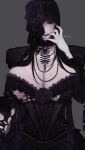  1girl aristocratic_clothes black_dress black_hair blyssade breasts dress evil_smile goth_fashion highres huge_breasts long_hair nipples original pale_skin portrait purple_eyes purple_lips smile thick_eyelashes 