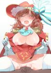 1boy 1girl ahegao aijou_karen aqua_ascot aqua_bow ascot bangs blush bow breasts breasts_out brown_eyes cavalier_hat censored cleavage clothed_female_nude_male clothed_sex clothes_lift collared_shirt commentary commission cowboy_shot cowgirl_position dark-skinned_male dark_skin earrings girl_on_top gloves gradient_background grey_background hands_up hat hat_bow heavy_breathing hetero high-waist_skirt jacket jewelry large_breasts lifted_by_self long_sleeves male_pubic_hair medium_hair miniskirt mosaic_censoring nipples no_bra no_panties nude official_alternate_costume open_clothes open_mouth open_shirt penis plume pov pubic_hair puffy_nipples pussy red_headwear red_jacket red_skirt rolling_eyes saidasai saliva sex shade shirt shoujo_kageki_revue_starlight shoujo_kageki_revue_starlight_-re_live- skeb_commission skirt skirt_lift solo_focus speech_bubble spread_legs steaming_body straddling striped striped_bow sweat swept_bangs thighhighs tongue tongue_out vaginal white_background white_gloves white_shirt white_thighhighs 
