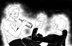  2boys absurdres beer_mug bottle collared_shirt cup curly_eyebrows drunk facial_hair from_side goatee greyscale hair_over_one_eye highres holding holding_bottle holding_cup male_focus monochrome mug multiple_boys no.6_(numberr_6) one_piece roronoa_zoro sanji_(one_piece) shirt short_hair 