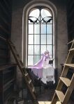  1girl absurdres blue_bow book bookshelf boots bow capelet commentary crescent crescent_hat_ornament dress floating floating_book floating_object footwear_bow green_bow hair_bow hat hat_ornament highres indoors ladder long_hair long_sleeves magic mob_cap multiple_hair_bows neck_ribbon open_book patchouli_knowledge purple_eyes purple_hair purple_ribbon red_bow ribbon sitting solo sunlight telekinesis touhou very_long_hair white_boots white_capelet white_dress white_hat window wu_yue_(vuples) 